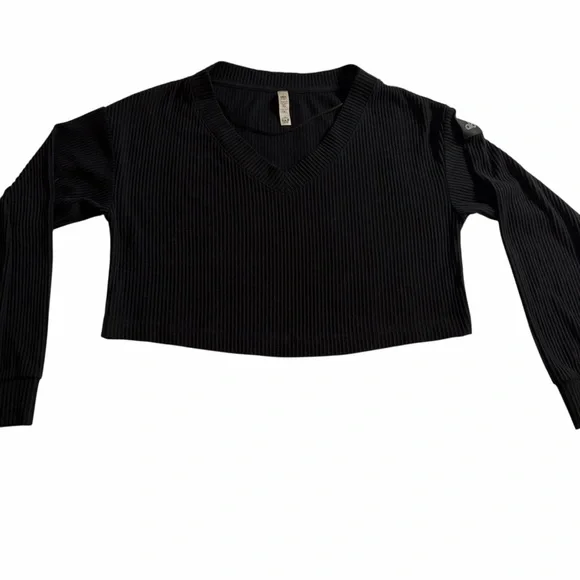 Alo Yoga Ribbed Cropped Long Sleeve Top | Black Minimalist Loungewear | Size S - Picture 2 of 11